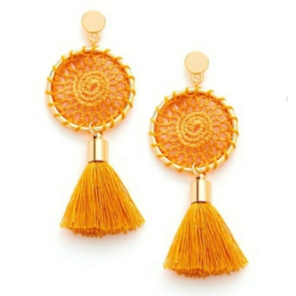 Boho Crochet Top Tassel Earrings Sunset & Gold - Picture 2 of 6